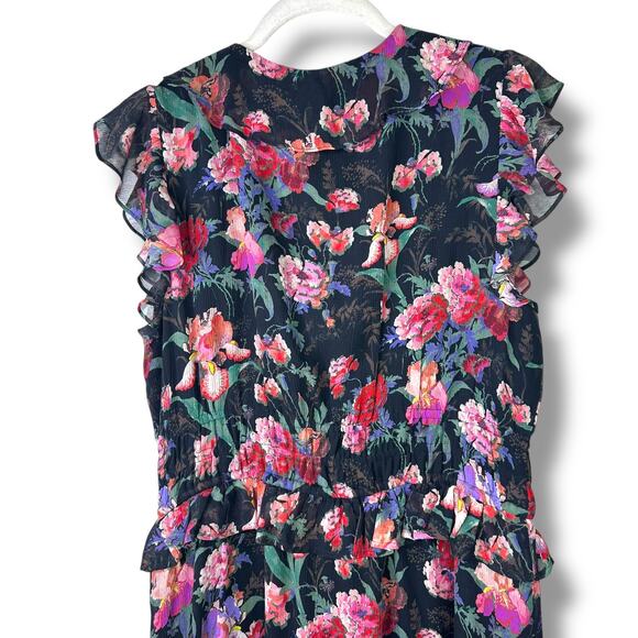 PAIGE NWOT Paradise Floral Silk Chiffon Flutter Sleeve Smocked Tiered Midi Dress - Picture 9 of 12